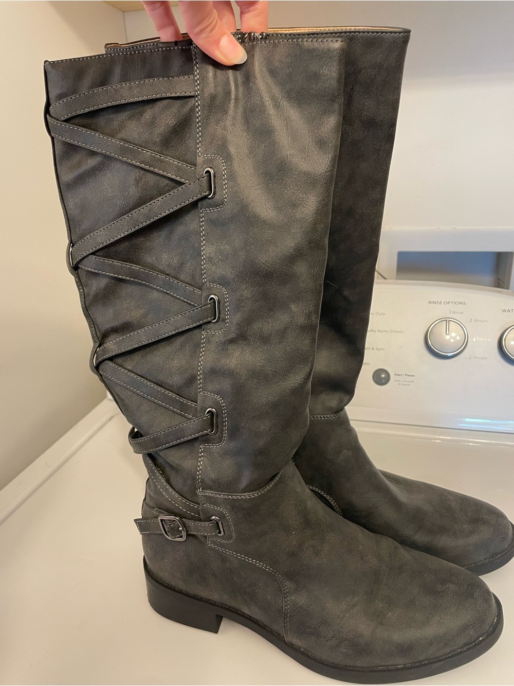 Source Unknown Gray Lace-Up Knee-High Riding Boots-zip up